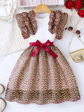 Girls' dress for toddlers and young children, ruffle sleeve ribbed knit cutout patchwork dress
