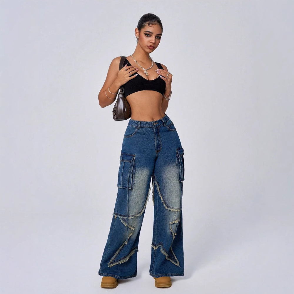 Pre-sale 15768#  cross-border foreign trade women's fashion ins retro five-pointed star workwear denim pants