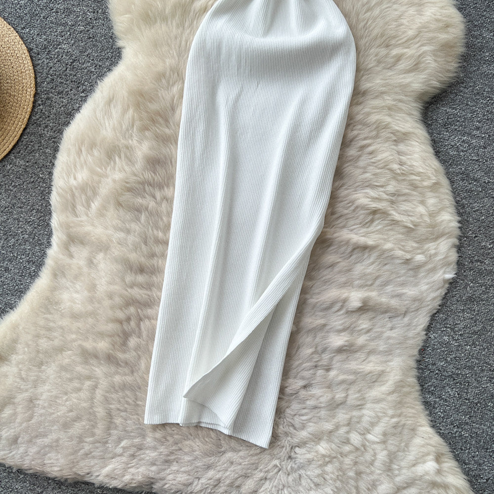Korean style sleeveless white a-line dress for women - summer lace see-through high waist slimming slit maxi dress