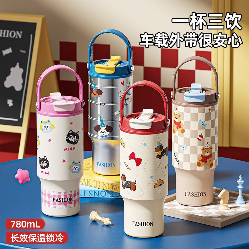 High-style cartoon coffee mug, 316 stainless steel insulated tumbler, large capacity car ice tumbler, portable straw water bottle