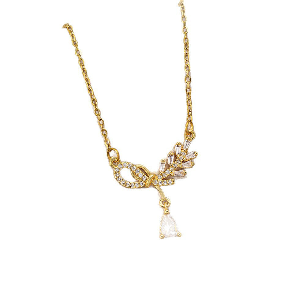 [copper inlaid with zirconium] new style full diamond bow and wheat ear necklace for women, exquisite high-end accessible luxury versatile clavicle chain jewelry