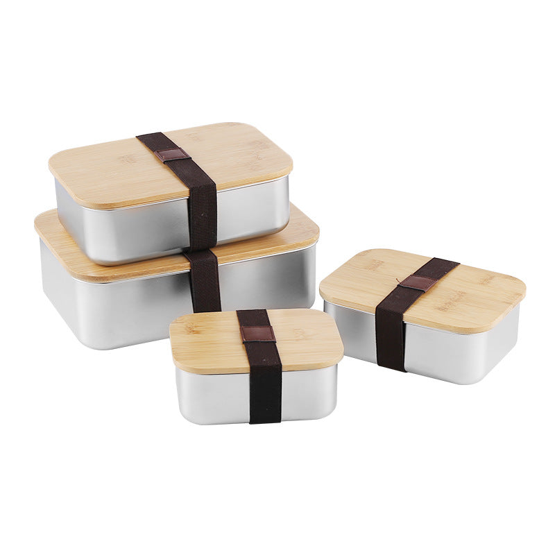 304 stainless steel Japanese fresh-keeping box with bamboo cover storage refrigerator storage rectangular wooden cover lunch box stainless steel box