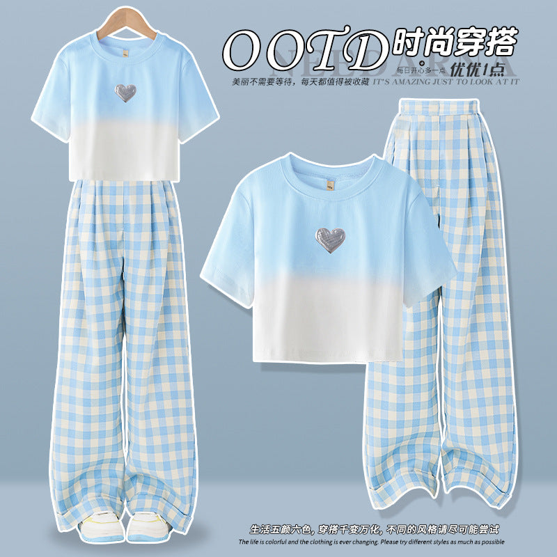 Dopamine plaid pants girl summernew arrivalcasual pants loose children's clothing lazy style loose pantssuit