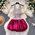 Sexy sweet and spicy style deep v neckhalterdress women's heavy industry diamond-encrusted k-style sleeveless puffy skirt classy sense