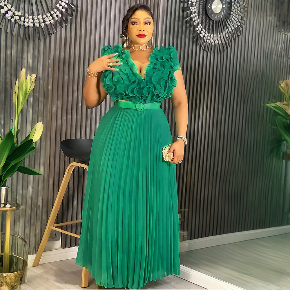 Fashion cross-border women's clothing african plus sizenew arrival stereo flower sleeveless high waist pleated skirt dresselegantdress