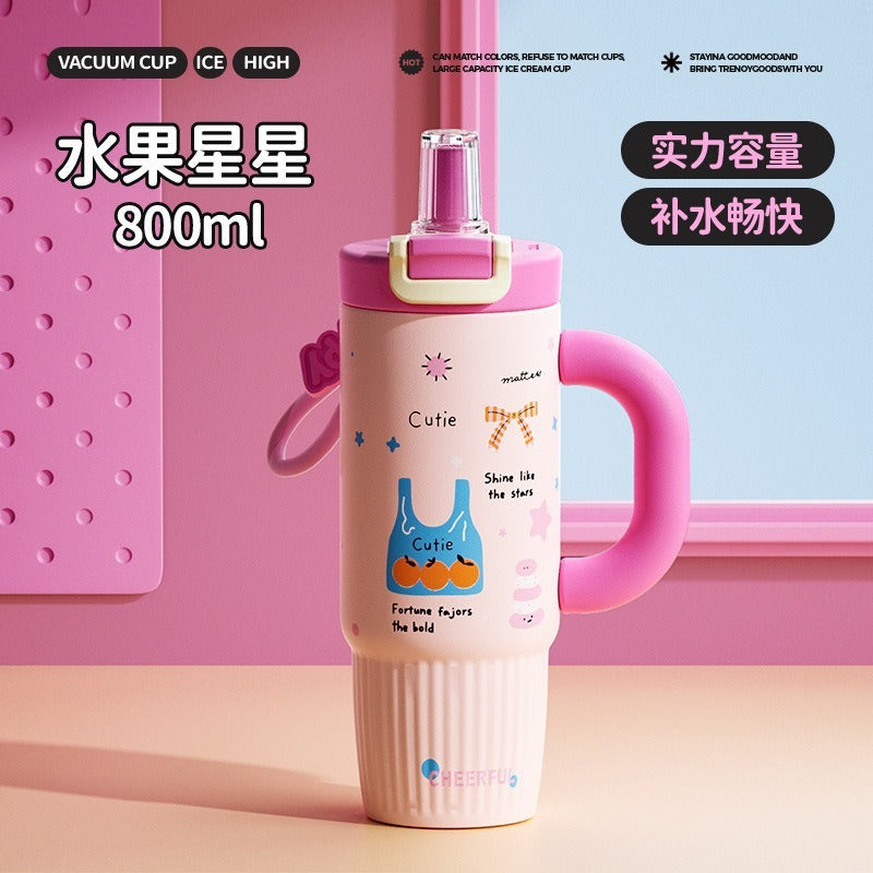 New arrival cartoon straw thermos cup 316 stainless steel large capacity ice cup high-looking handle student water cup