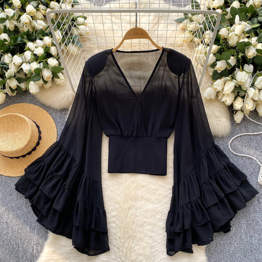 Popular new arrivalinsniche stylesense of designv neckflare sleevesprintingtopsfemale waisteasiest for matchchicaccessible luxuryshirt