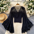 Popular new arrivalinsniche stylesense of designv neckflare sleevesprintingtopsfemale waisteasiest for matchchicaccessible luxuryshirt