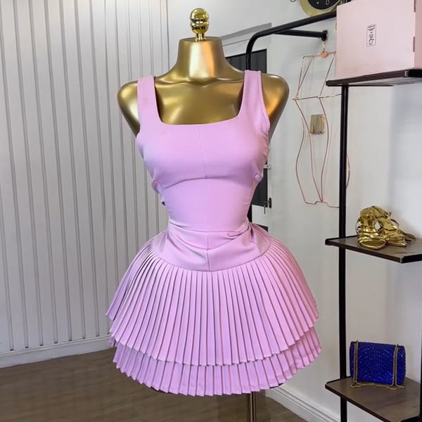 European and American women's clothing 2025 summer new sweet and fresh square collar high waist thin A word pleated skirt dress short skirt