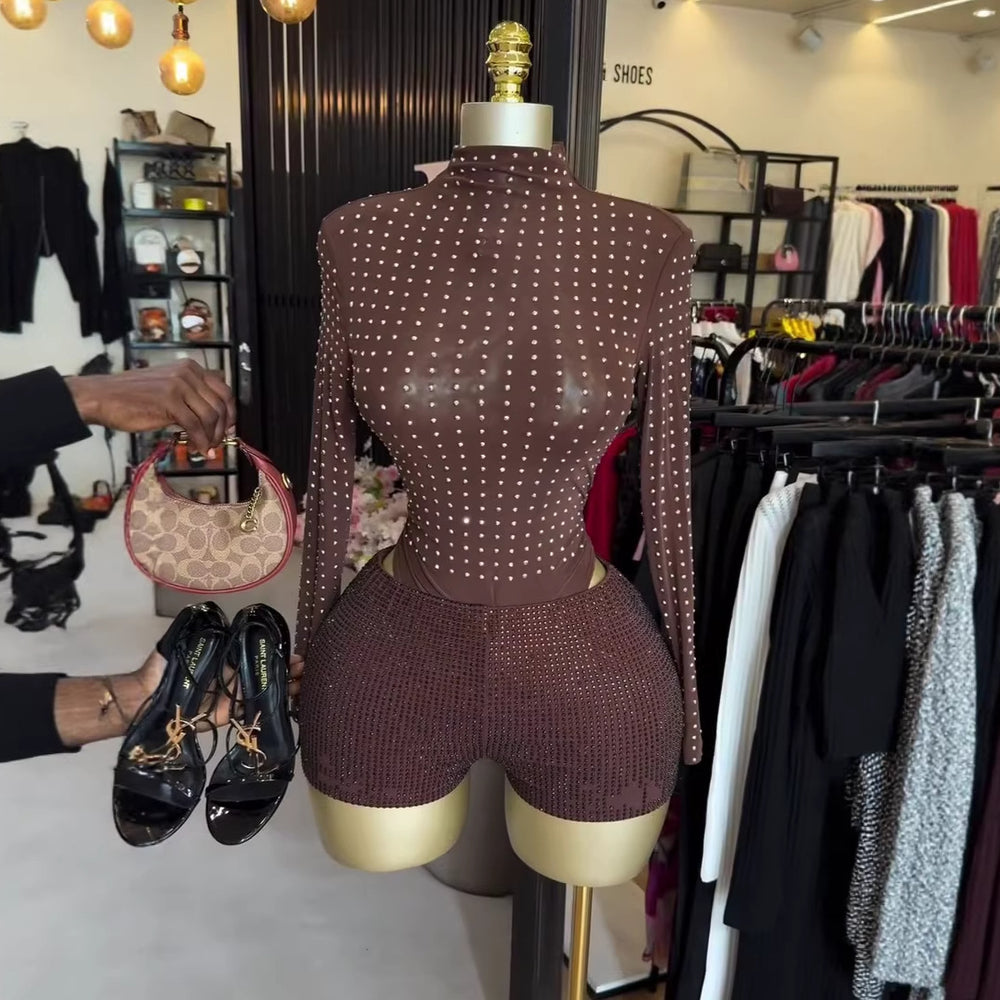 European and american cross-border women's fashion  summer new sexy hot girl studded stretch bodycon jumpsuit shorts set