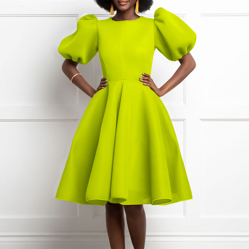 women's summer  round neck fashionable elegant bubble sleeve cinched waist a-line midi dress - western style