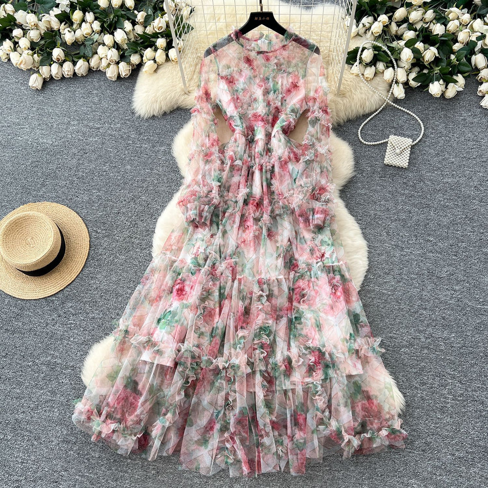 Frenchromantic atmosphere printingdress women's autum mesh fungus edge super fairy beautiful unique long skirt