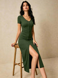 independent station fashionv neck short-sleeved dress single-breasted slit waist slimming lookelegant mid-length skirt