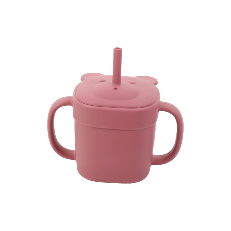 Children's silicone straw cup Baby bear baby drinking milk drinking cup Double handle anti-drop silicone feeding tableware
