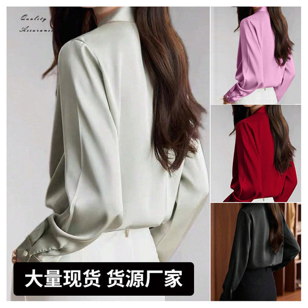V-neck streamer long-sleeved shirt, satin temperament commuter niche design top, spring and summer new women's clothing direct sales