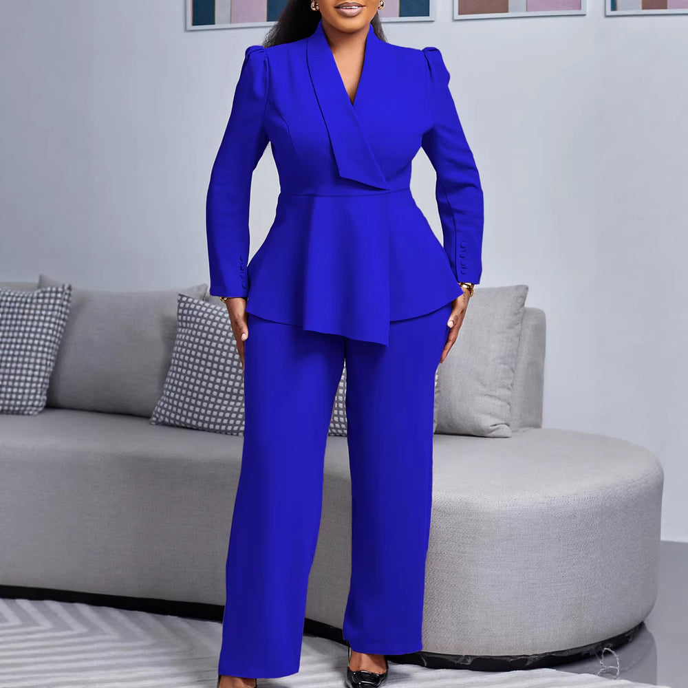D549  women's  fall/winter new fashion suit collar long sleeve top & wide leg pants two-piece set
