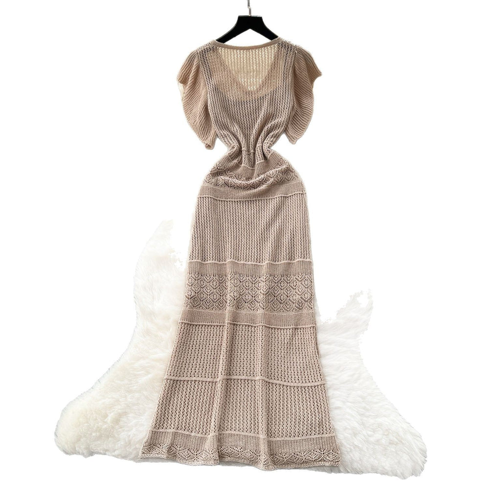 Korean style women's high-end hollow-out crochet knit dress with cinched waist and flutter sleeves, two-piece set with inner slip dress