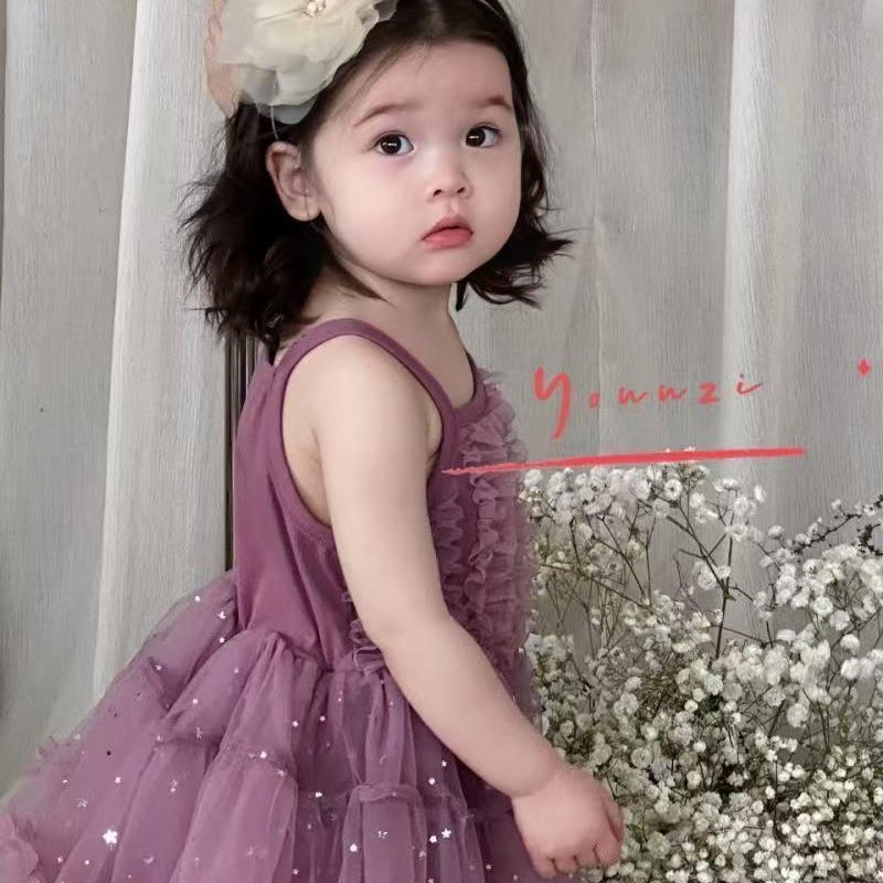 Girls' new summer purple spaghetti strap tulle dress - ethereal princess style, korean-inspired trendy summer outfit for toddlers and young girls