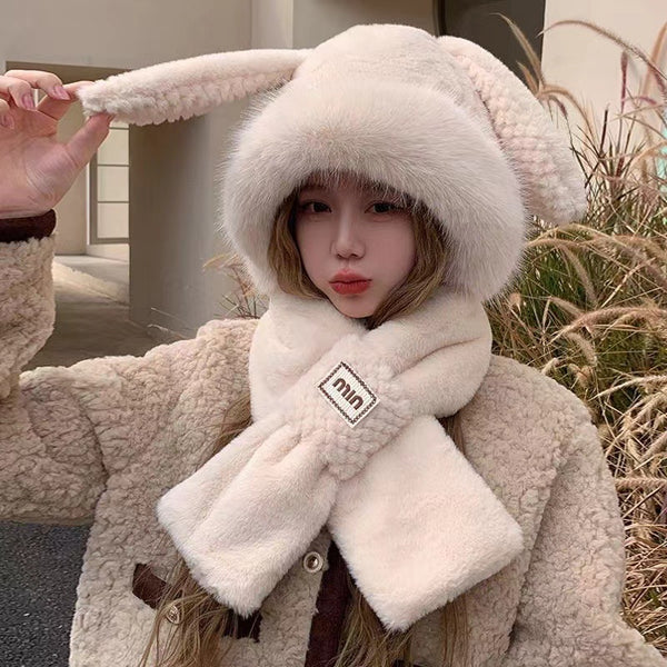 Super cute long-eared rabbit hat integrated plush hat women's winter thickened warm hat scarf one-piece two-piece set