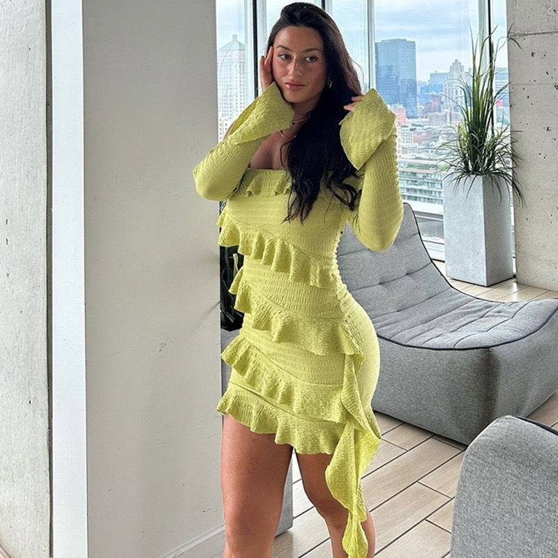 autumn new arrivals: european and american style fashionable long-sleeve flared sleeve off-the-shoulder ruffle trim ribbon tie cropped dress