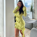autumn new arrivals: european and american style fashionable long-sleeve flared sleeve off-the-shoulder ruffle trim ribbon tie cropped dress