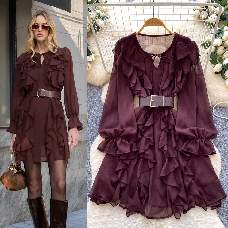 French chic ruffle chiffon dress - women's spring korean style long sleeve cinched waist belted versatile work dress