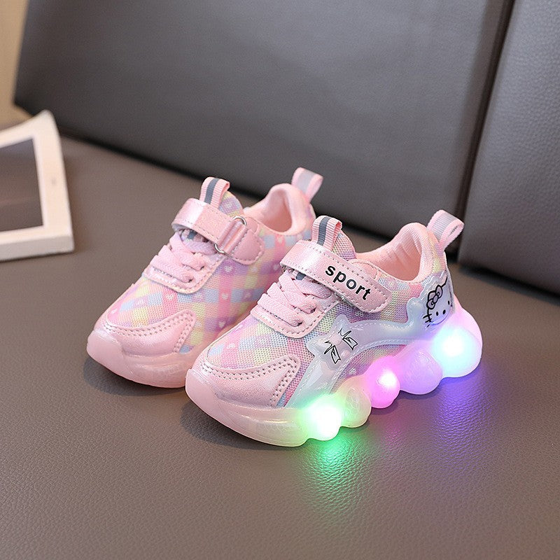 Spring/autumn new cartoon cat light-up sneakers for girls - luminous, breathable mesh casual shoes for toddlers and young children - trendy style