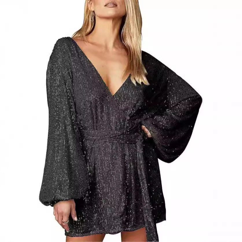 2025 new sequin mini wrap dress for women - v-neck, long sleeve, puff sleeve, sparkly wrap party dress