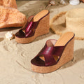 2026 korean style patent leather spring platform wine red ultra high heel sandals vacation chunky sole wedge heel height increasing slides