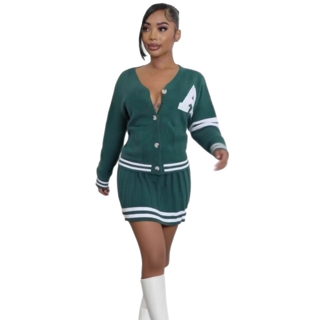 European and American Fashion Academy style V-neck long-sleeved cardigan high-waisted pleated skirt knitted sweater two sets women