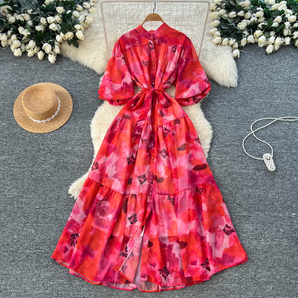 French retro court style niche fashion printed dress - women's tie-waist single-breasted lantern sleeve maxi dress