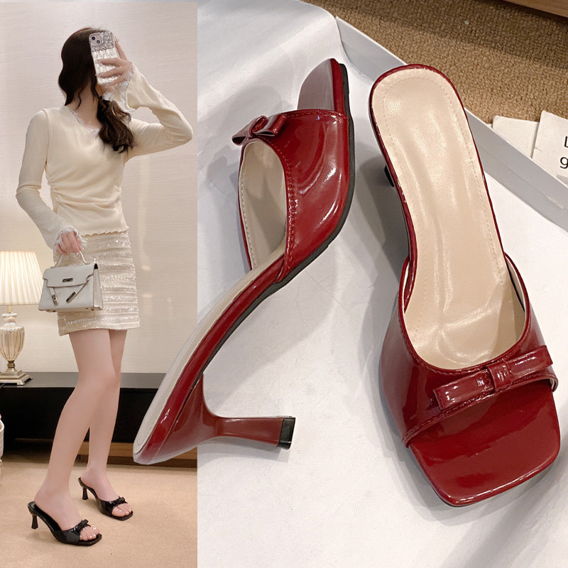 French high-heeled slippers for women, 2024 new summer collection, square toe stiletto thong sandals with bow detail, versatile and chic