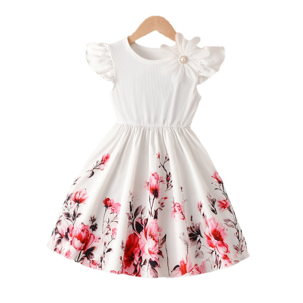 girls' white printed dress with flutter sleeves, 3d floral appliqués, cinched waist, and flared skirt - cute summer dress for kids