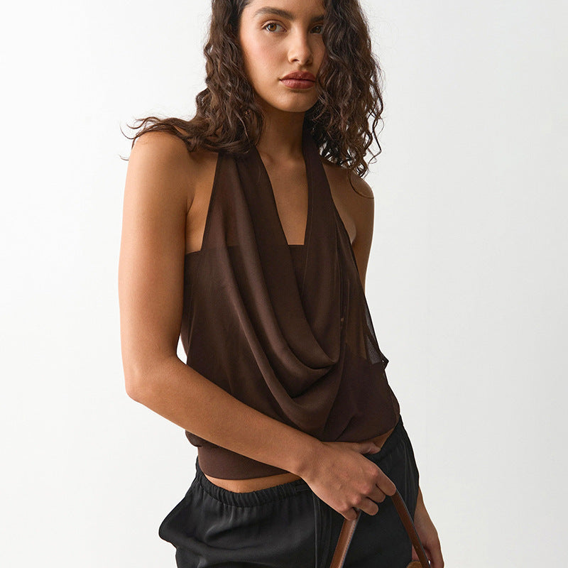 fashion style women's clothing  spring and summer new arrivalfashionelegant sleeveless halter layered backless t-shirttops for women