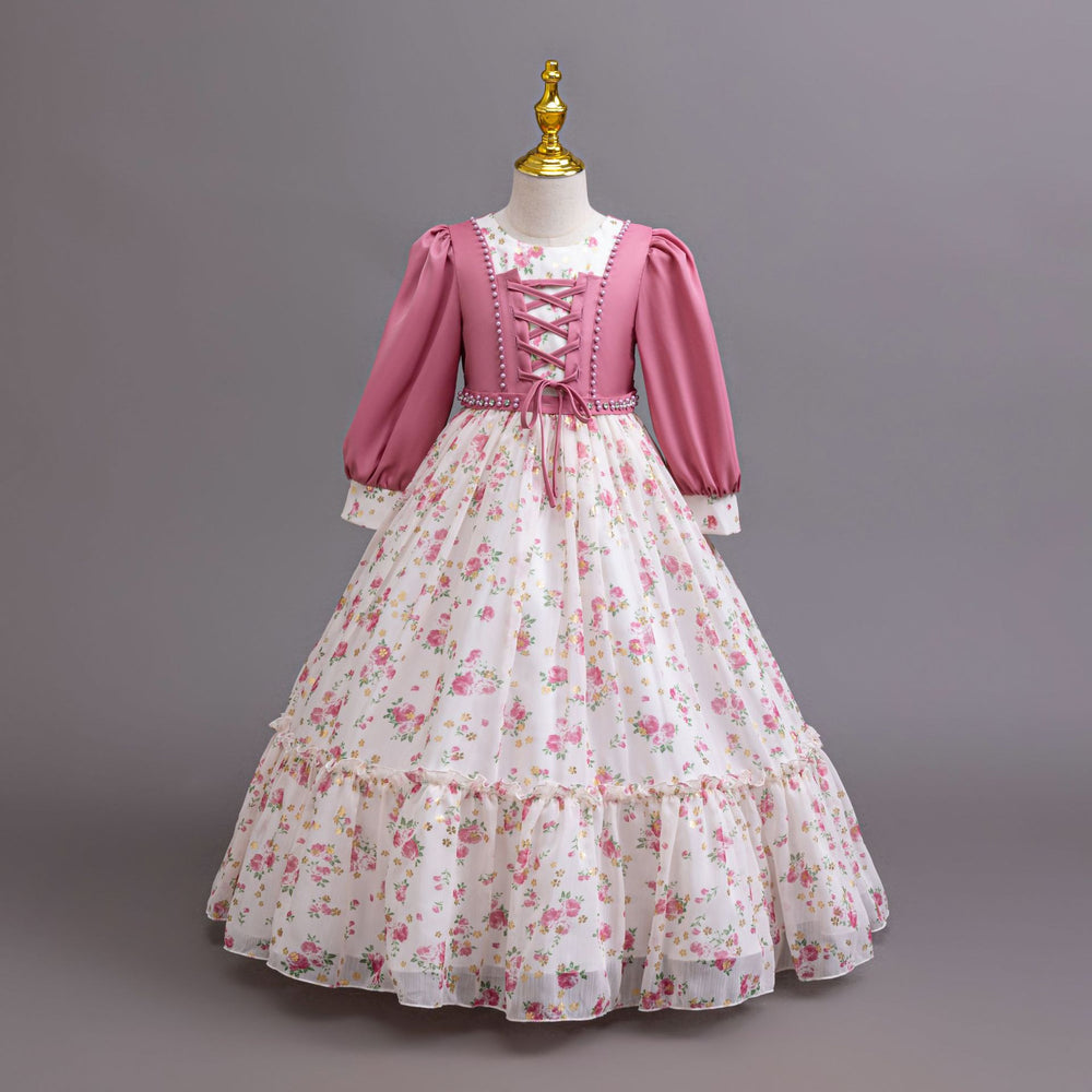 Ready-to-ship new chiffon dress long sleeve floral print princess dress girls' piano performance dress flower girl dress