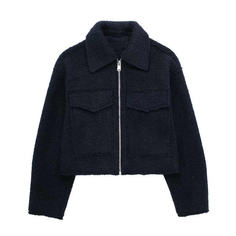 spring/autumn women's designer wool blend jacket: unique streetwear style, relaxed fit, cropped length