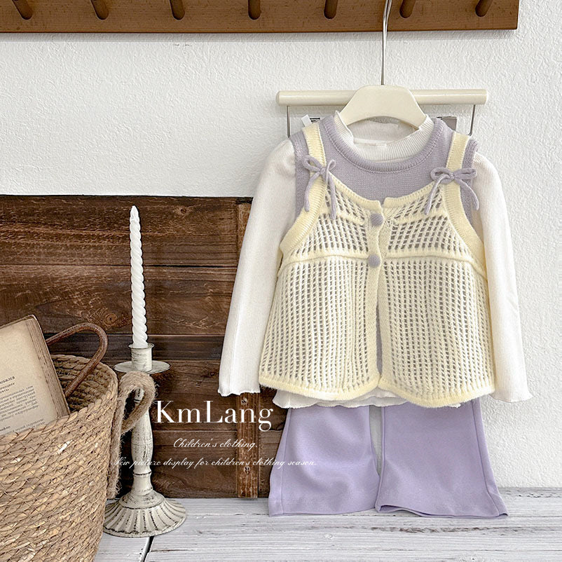 Ready-to-ship korean style girls' outfit:  autumn collection - chic purple camisole with cutout vest and casual flare pants set