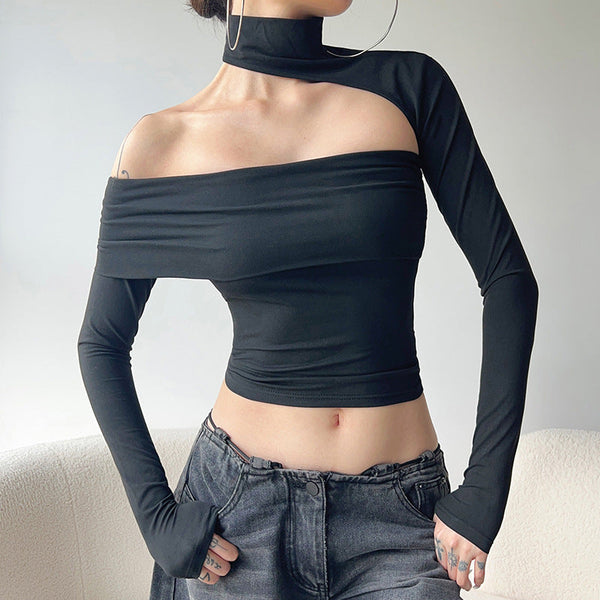 European and American style Spice Girl hanging neck asymmetrical long-sleeved off-the-shoulder flanged tube top fashion street personality casual T-shirt top