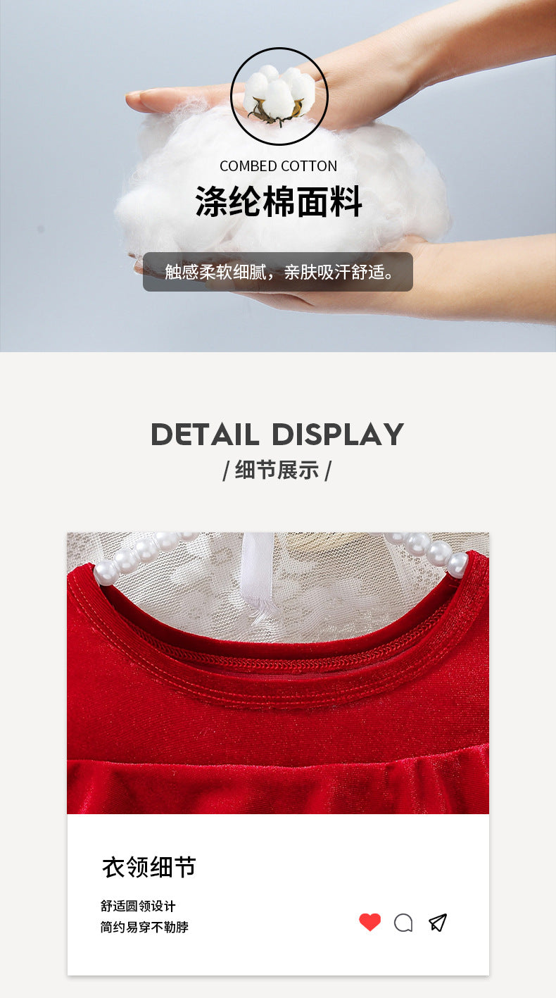 Girls' foreign trade dress - festive red off-the-shoulder design with ruffle trim, velvet fabric, bow accent, autumn/winter long sleeve dress for children