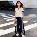 Girls' summer short-sleeve outfit:  spring/summer new collection - kids' letter print two-piece set with striped bow wide-leg pants