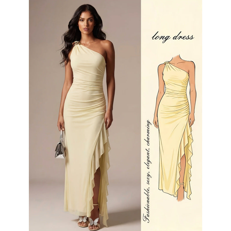 Women's summer romantic elegant metallic buckle detail slit ruffle asymmetrical shoulder maxi dress