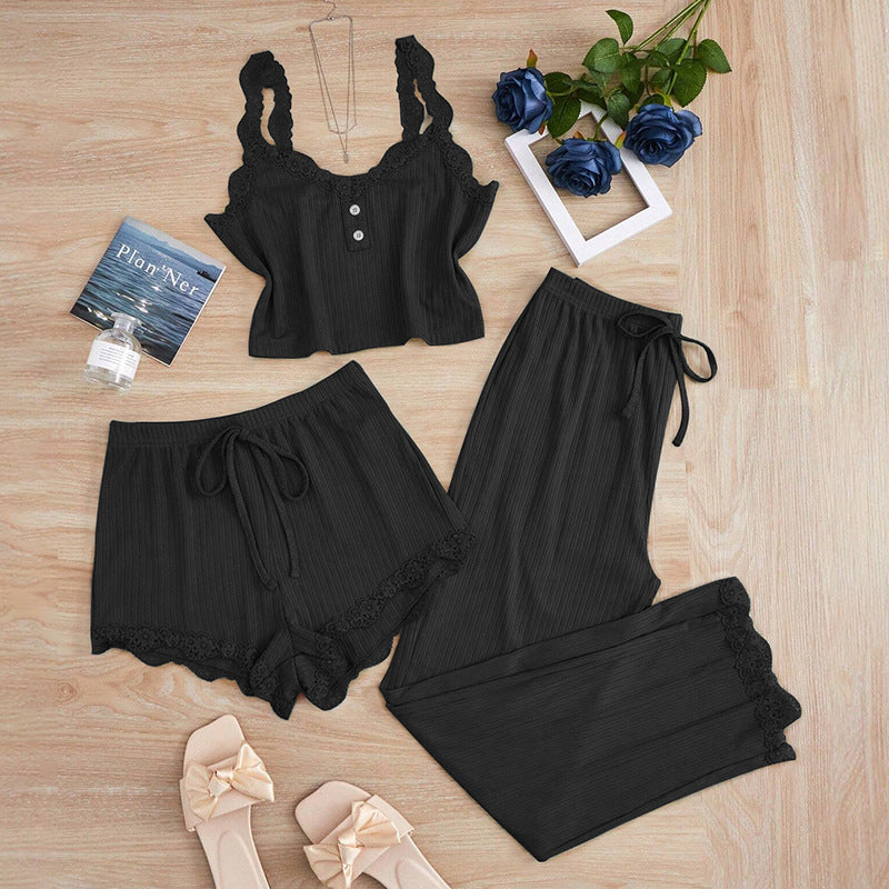 cross-border hot seller: new summer lace trim cami top, shorts, and long-sleeve women's pajama three-piece set - perfect for loungewear or light outings