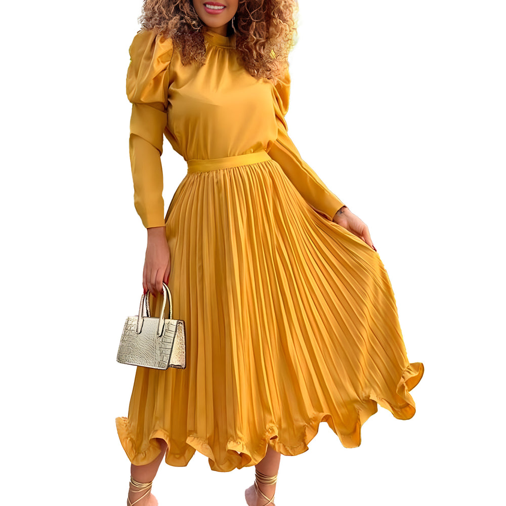 D3239 independent station fashion cross-border women's autumn puff sleeve tops pleated skirt two-piece set african suit