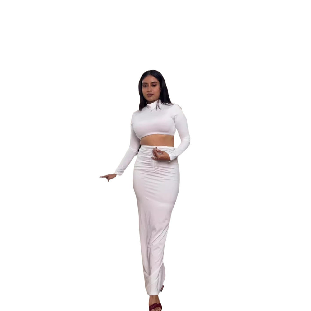 European and american cross-border women's fashion:  autumn new arrivals - solid color stand collar long sleeve top with cinched waist pleated sexy midi skirt