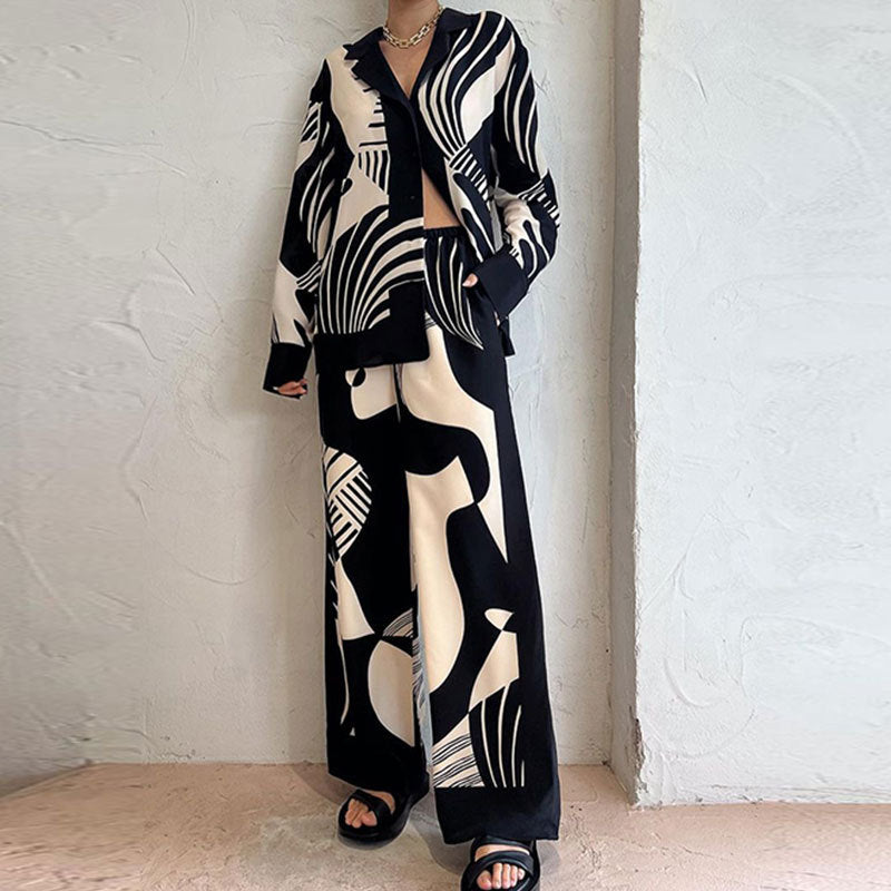 cross-border european and american women's clothing: new summer collection - unique graffiti casual turn-down collar shirt long sleeve fashion set