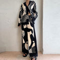 cross-border european and american women's clothing: new summer collection - unique graffiti casual turn-down collar shirt long sleeve fashion set