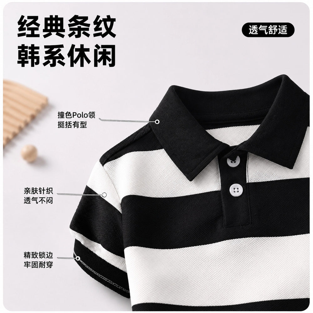 children's clothing: boys' summer striped polo shirt + t-shirt set - wholesale in-stock