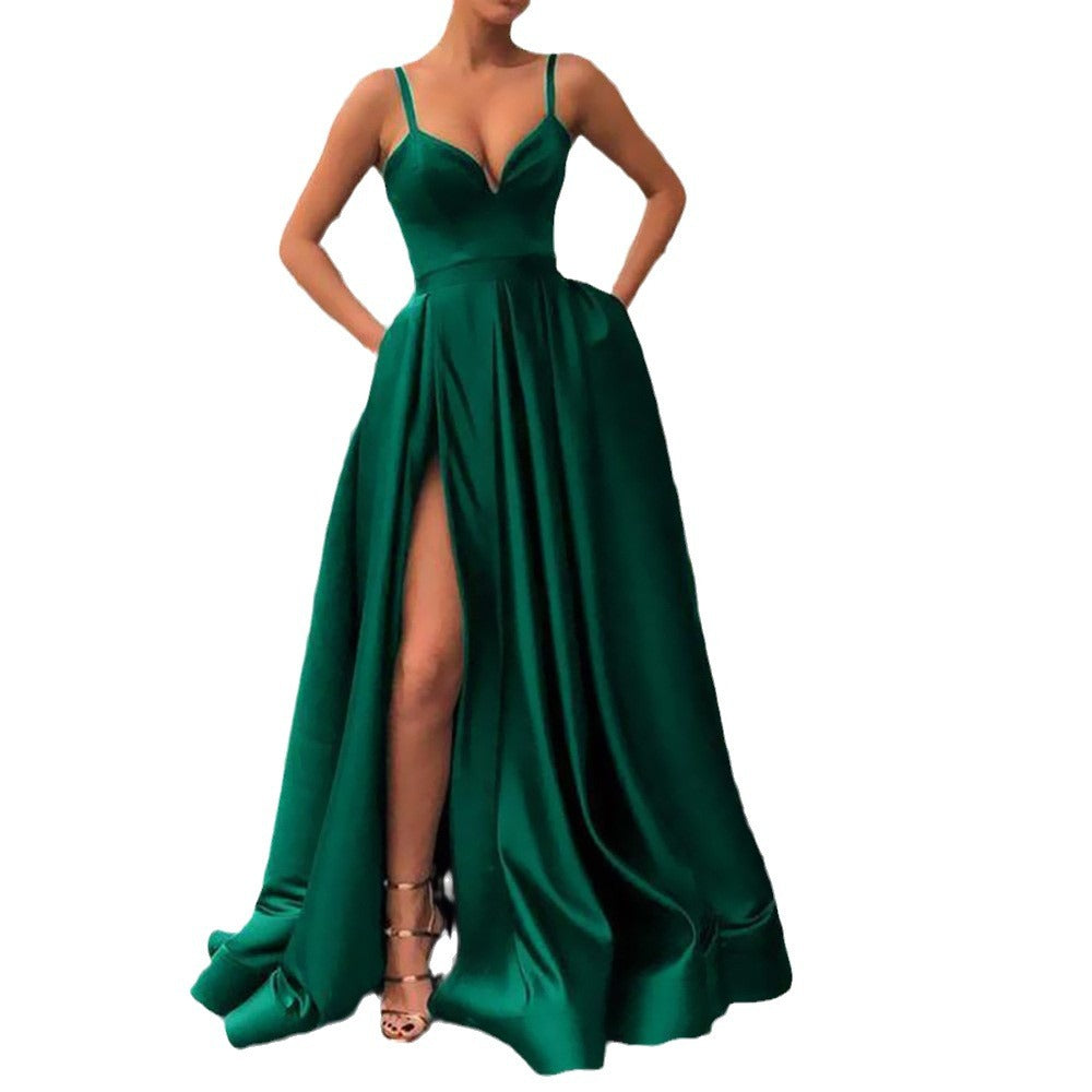 new cross-border spring  fashion dress slimming look color suspender tail banquet satin dress
