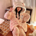 Women's pajamas autumn winter three-layer quilted jacket fleece-linedthickenedheattech coral fleece two-piece suit cute style home clothes