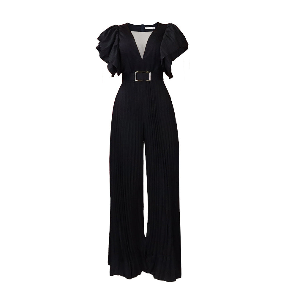 D291 plus size women's jumpsuit with belt - new european and american style, mesh, see-through, sexy, pleated, wide leg, cinched waist, export quality